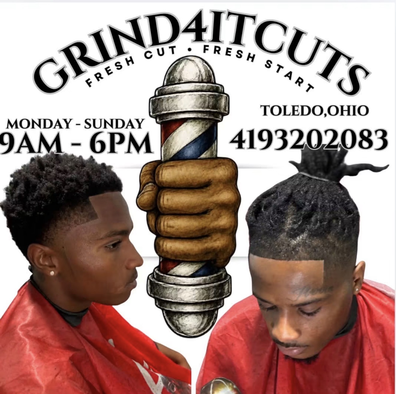 Grind4itCuts flyer: Monday–Sunday 9AM–6PM, Toledo Ohio, 419-320-2083